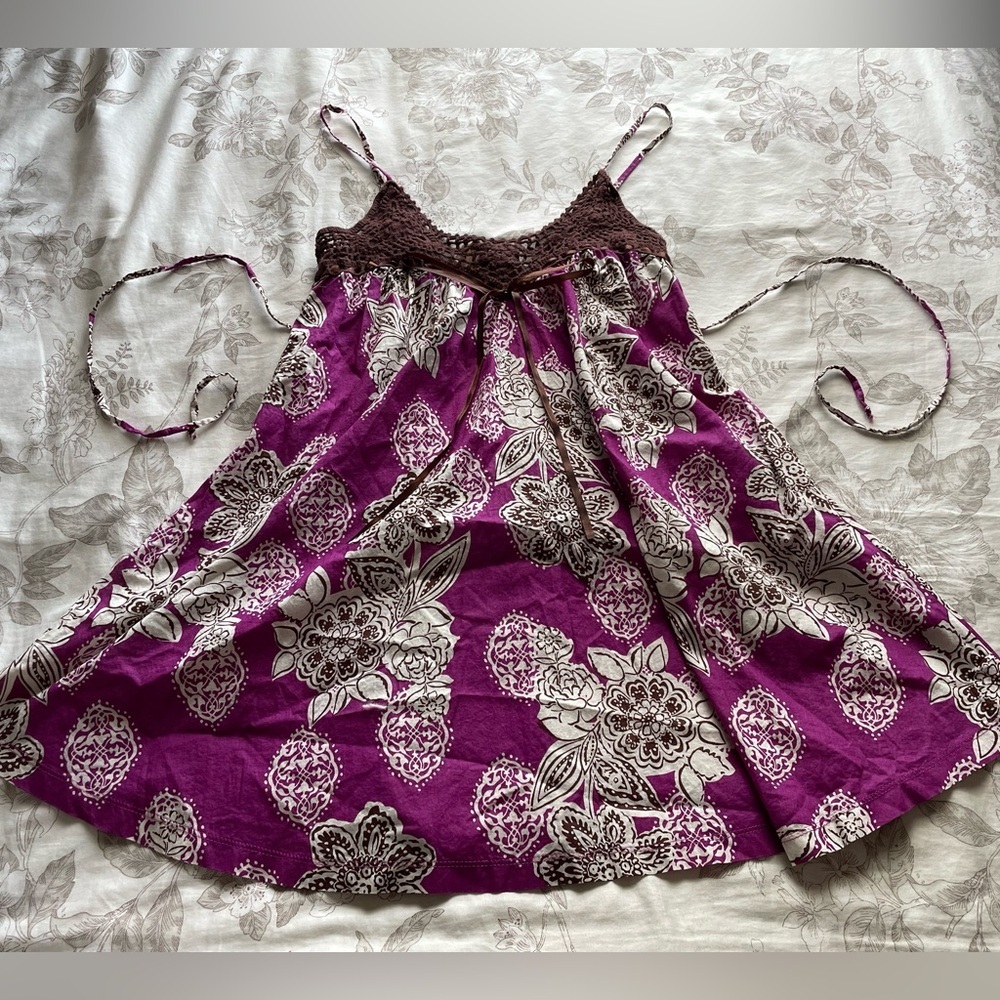 Y2K Purple Brown Floral Crochet Tie Back‎ Mini Dress Small Fairy Dainty Ethereal